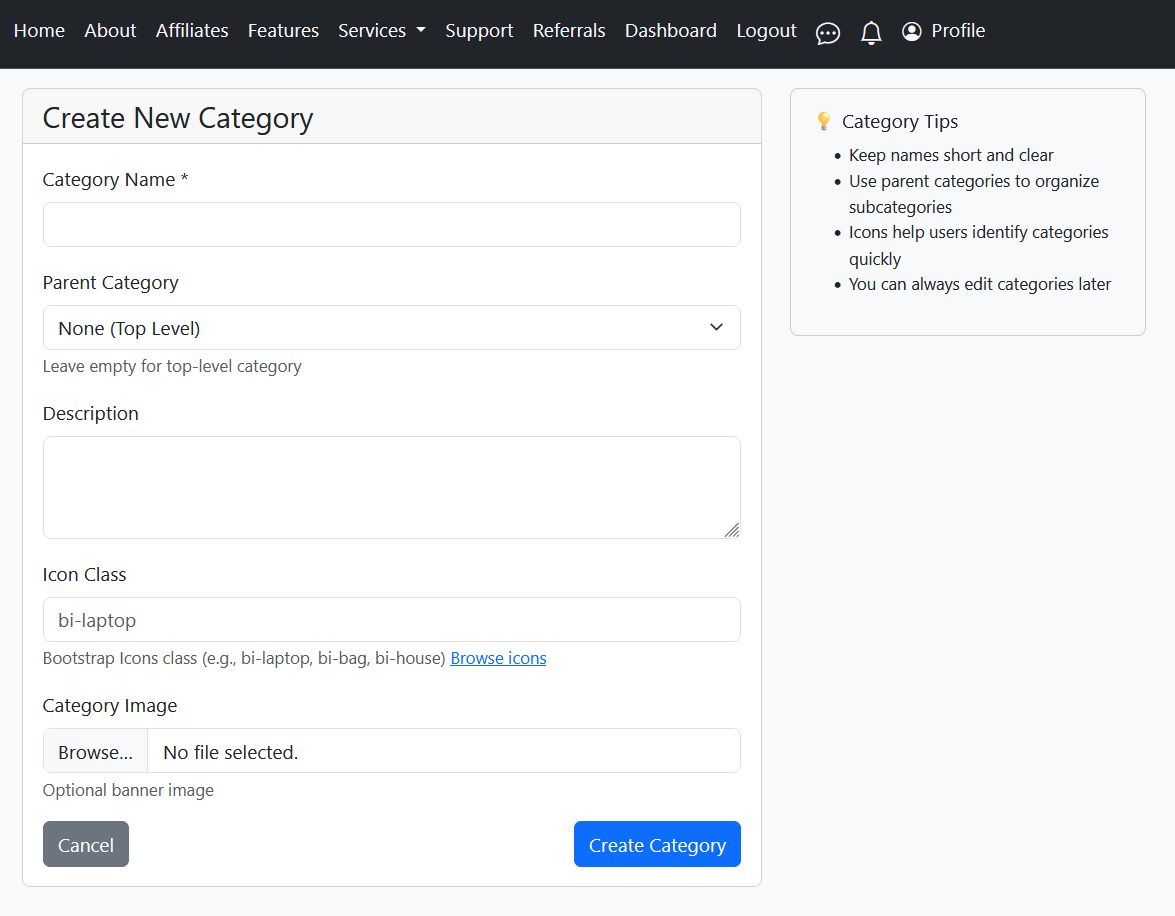 Screenshot: New Category form
