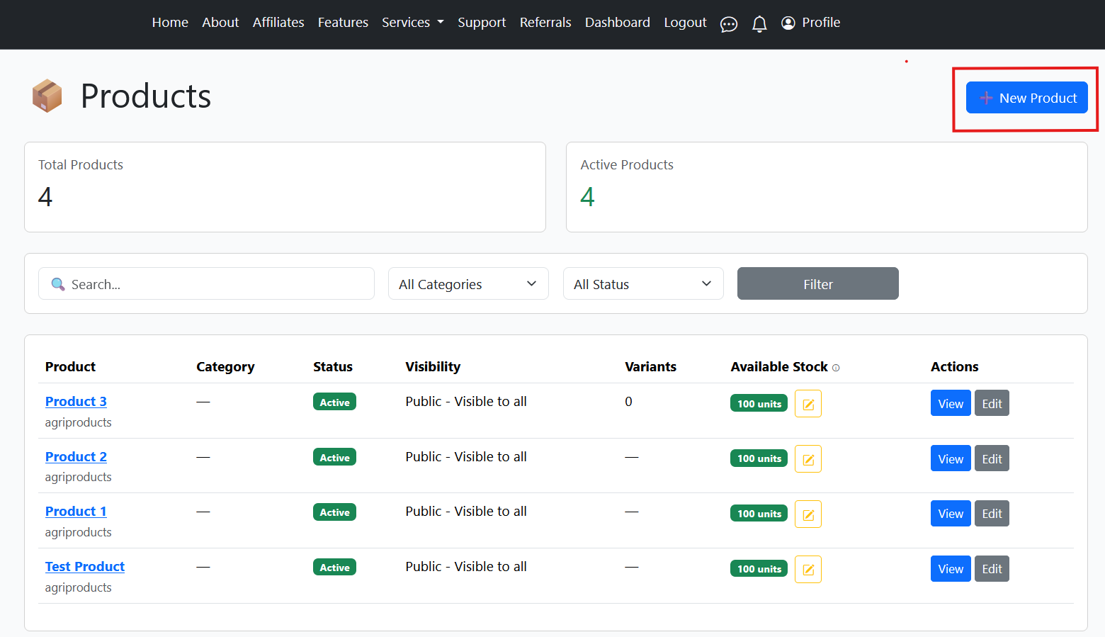 Screenshot: Product List page